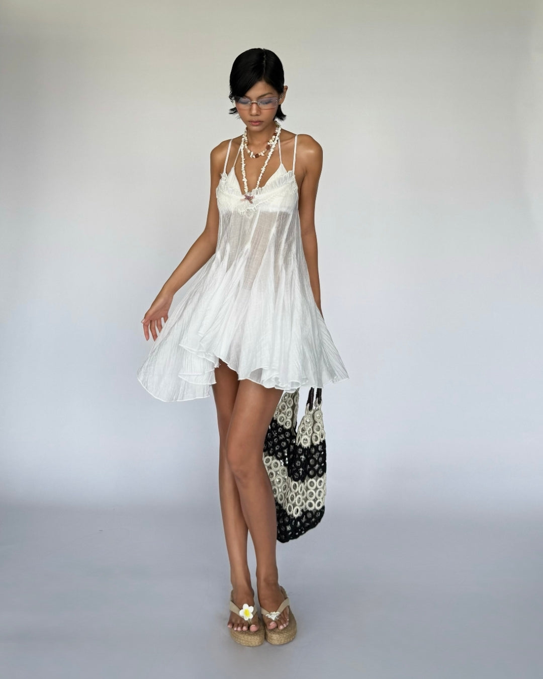 VIVID DRESS – White Sheer Lace Trim Mini Dress